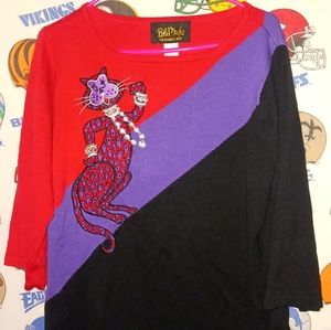 Vintage Vtg Bob Mackie Wearable Art Cat Kitten Feline Pearl Necklace Shirt